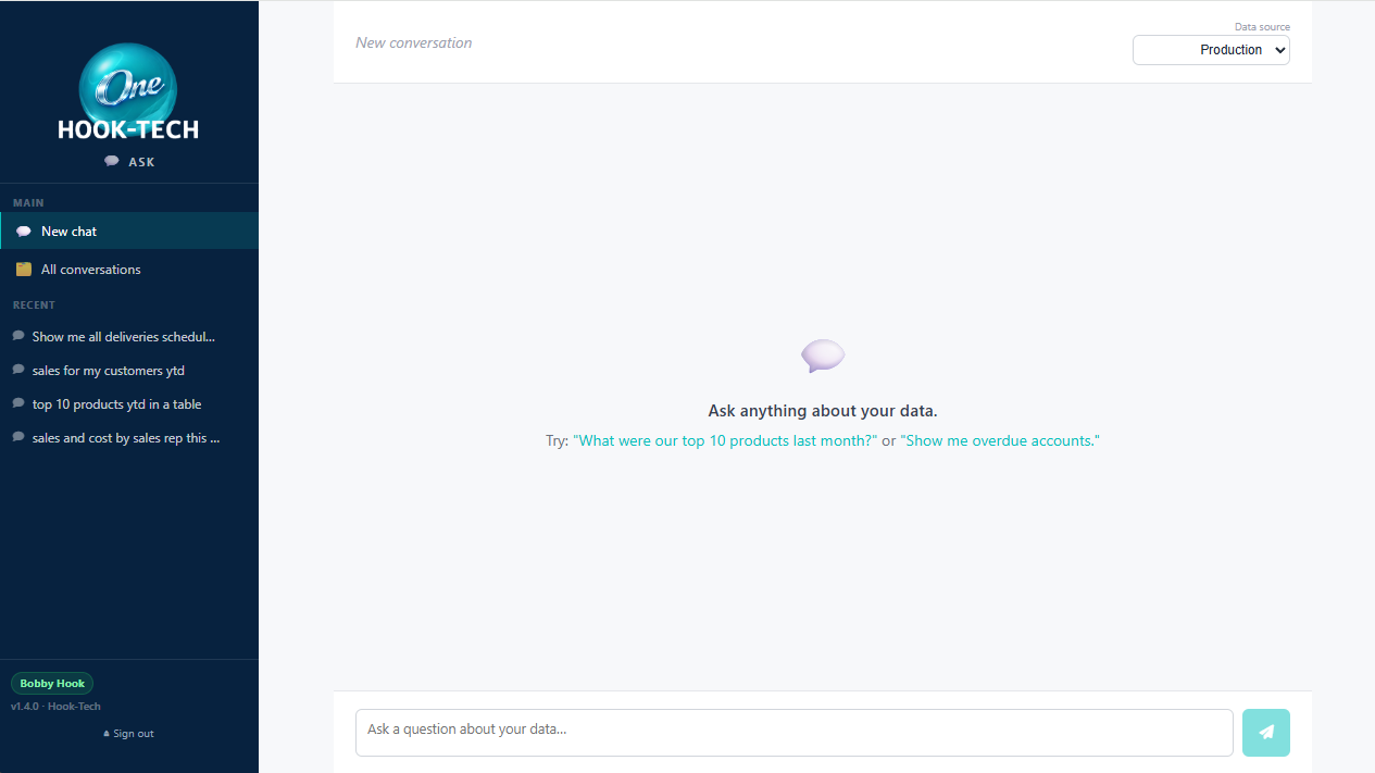 Ask chat home screen with the New Chat sidebar showing recent conversations and a fresh input box in the middle
