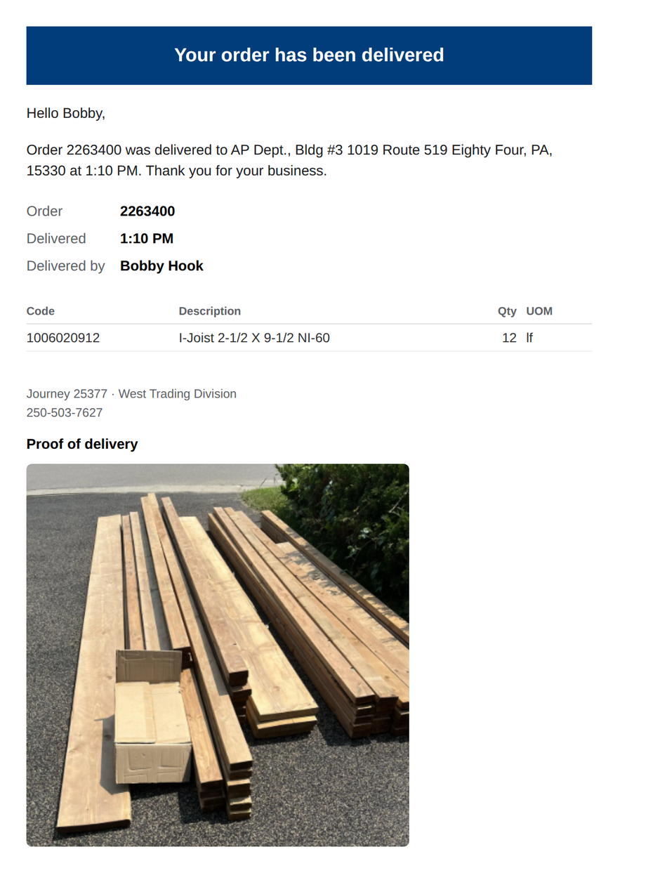 A delivery confirmation email showing the order, the delivery time, the ordered lines and the driver's proof-of-delivery photograph