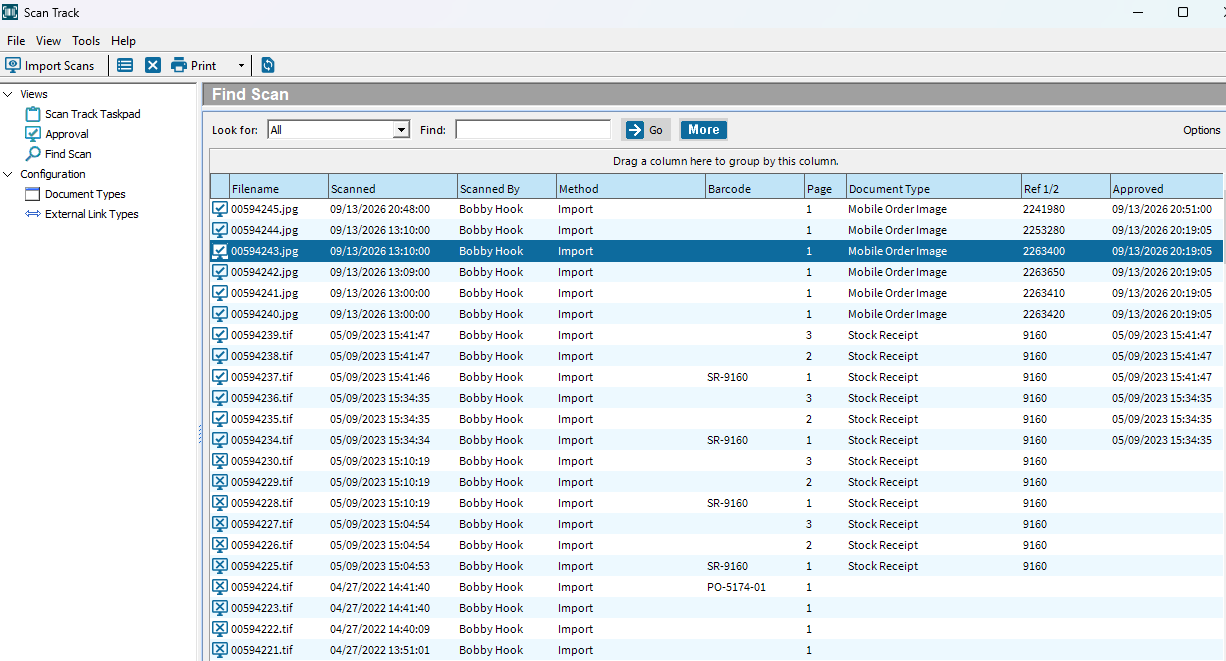 BisTrack Scan Track showing delivery photographs filed against sales orders alongside ordinary scanned documents