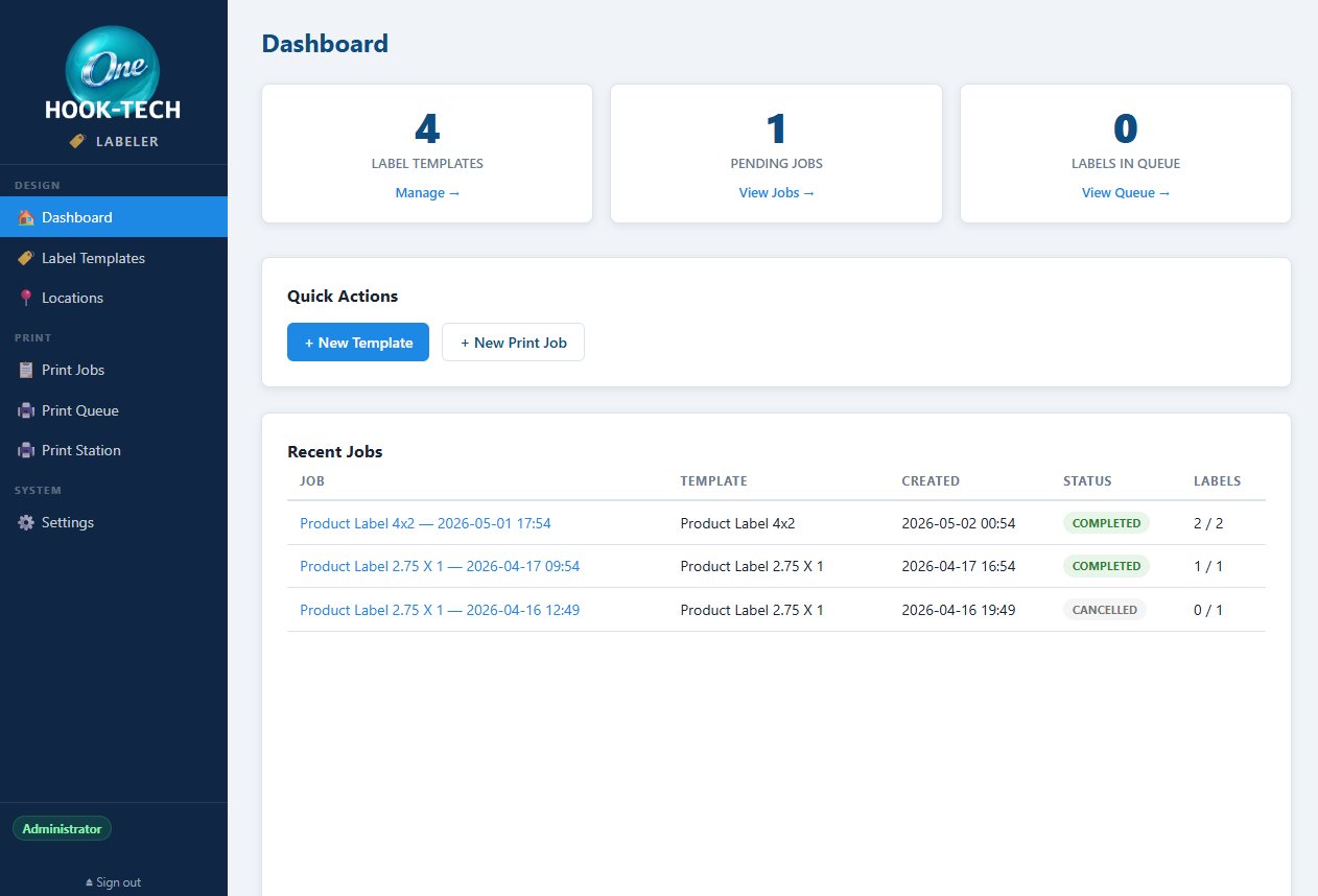 Labeler dashboard showing 4 label templates, 1 pending job, 0 labels in queue, Quick Actions panel with New Template and New Print Job buttons, and a Recent Jobs table with Completed and Cancelled statuses