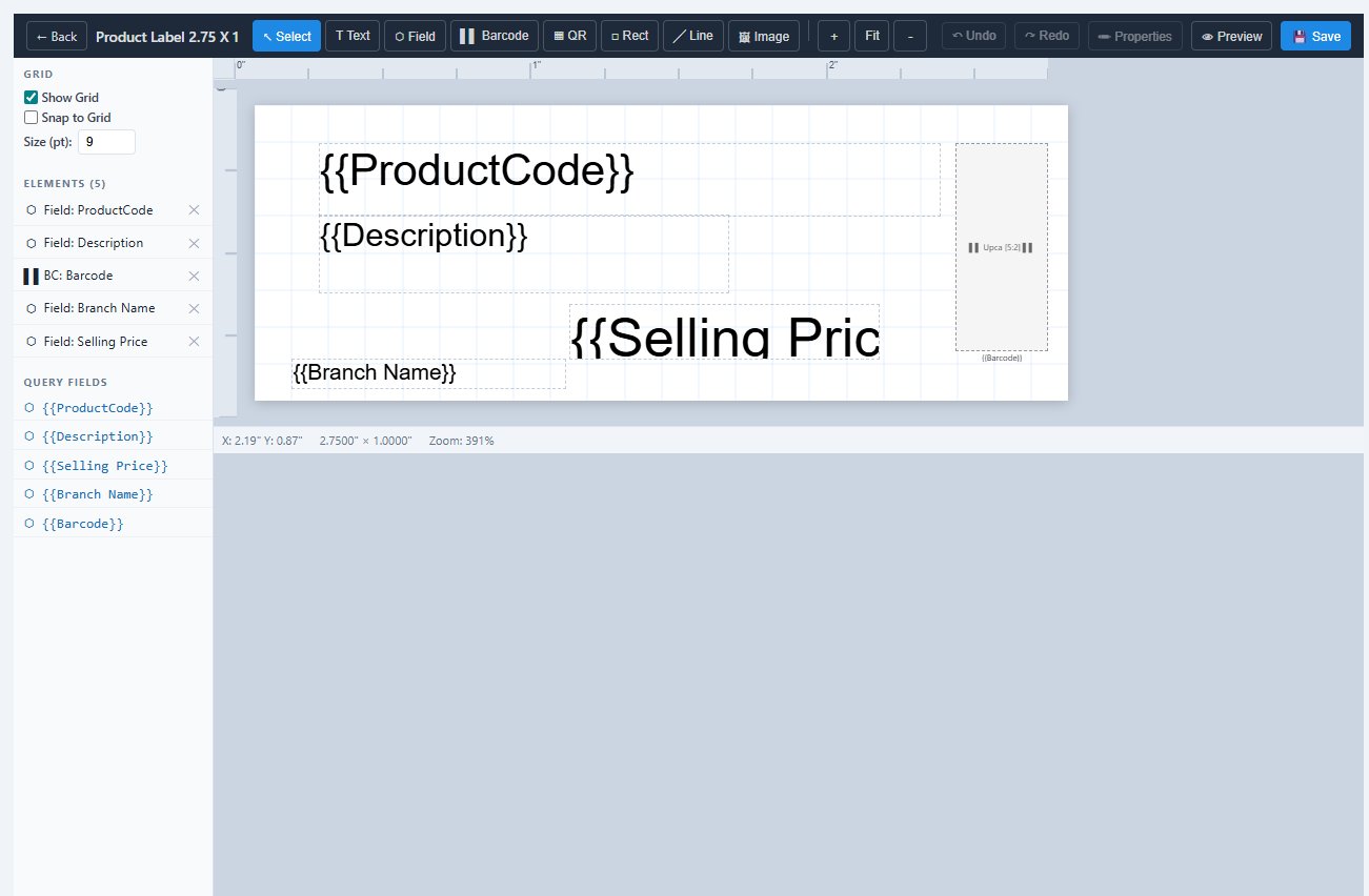 Label designer canvas showing a 2.75 by 1 inch label with ProductCode, Description, Selling Price text fields, a Branch Name field, and a UPCA barcode on the right, with the Elements list and Query Fields panel on the left