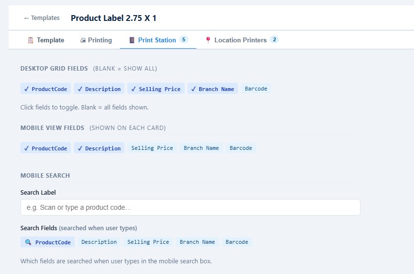 Print Station settings tab showing checkboxes for Desktop Grid Fields ProductCode, Description, Selling Price, Branch Name, Barcode and a separate set for Mobile View Fields, with a Mobile Search Label input and Search Fields with ProductCode highlighted