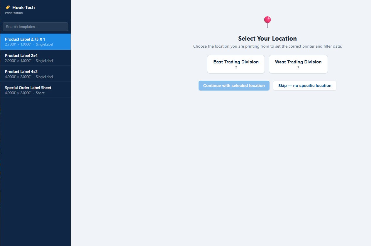 Print Station location picker showing template list on the left, Select Your Location header with East Trading Division and West Trading Division buttons, and Continue with selected location button