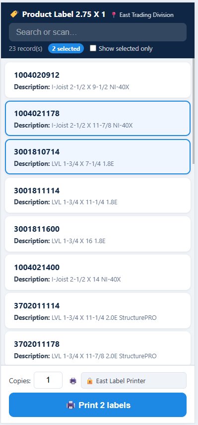 Mobile Print Station view showing Product Label 2.75 by 1 with East Trading Division at top, Search or scan input, 23 records with 2 selected, a stack of product cards showing ProductCode and Description, copies input set to 1, East Label Printer locked, and a big Print 2 labels button at the bottom