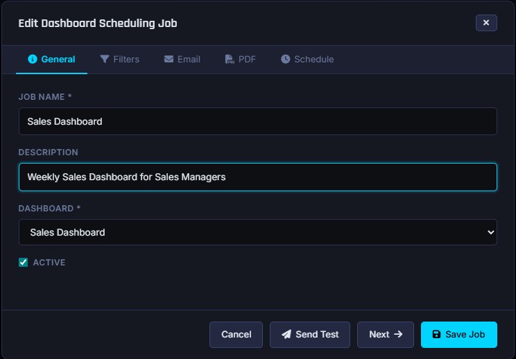 Edit Dashboard Scheduling Job dialog with tabs for General, Filters, Email, PDF, and Schedule, showing Job Name Sales Dashboard, Description Weekly Sales Dashboard for Sales Managers, Dashboard Sales Dashboard, and Active checkbox