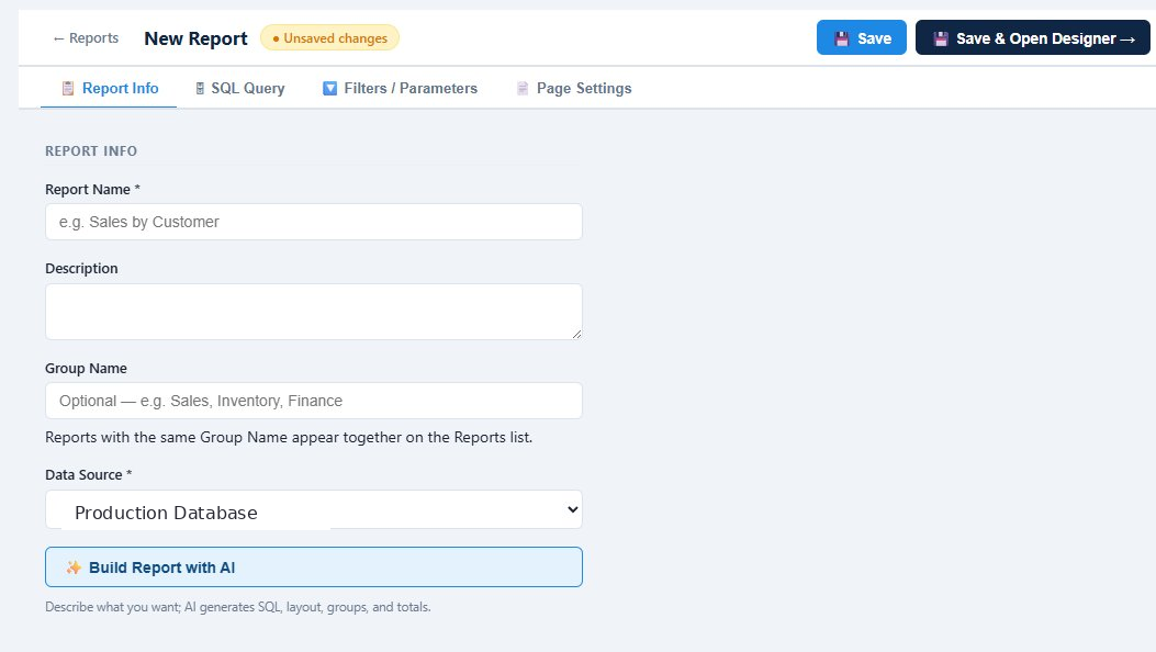 New Report screen showing Report Info tab with name, description, group name, and data source fields