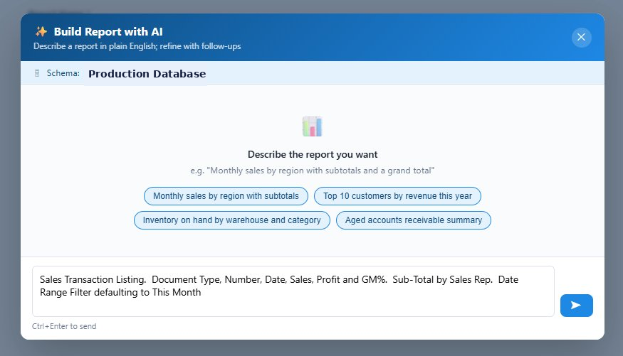 Build Report with AI modal showing schema, prompt examples, and a typed description