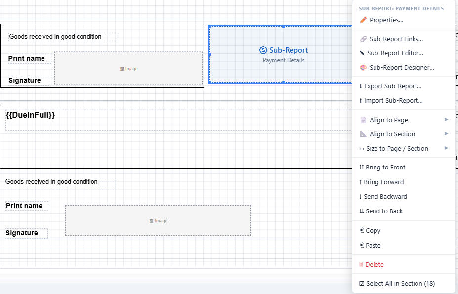 Sub-report element on the canvas with right-click context menu showing Properties, Sub-Report Links, Sub-Report Editor, and Sub-Report Designer options