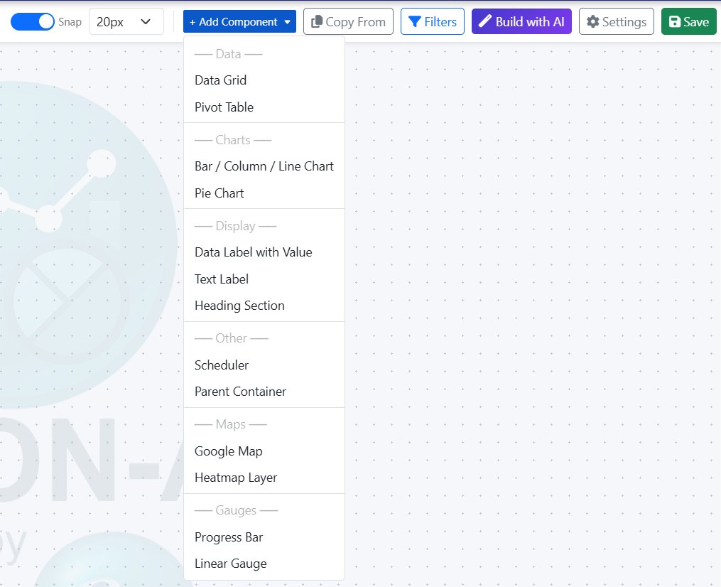 Vision-AI dashboard designer with empty canvas, faint VISION-AI watermark, and the Add Component menu open showing Data, Charts, Display, Other, Maps, and Gauges categories