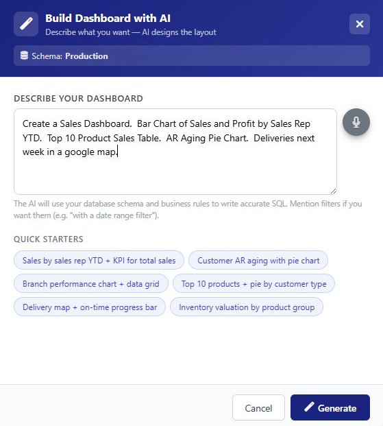 Build Dashboard with AI modal showing the Schema selector set to Production, a description box with a Sales Dashboard prompt typed in, and a row of Quick Starter chips below
