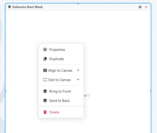 Deliveries Next Week map component selected on canvas with right-click context menu showing Properties, Duplicate, Align to Canvas, Size to Canvas, Bring to Front, Send to Back, and Delete options